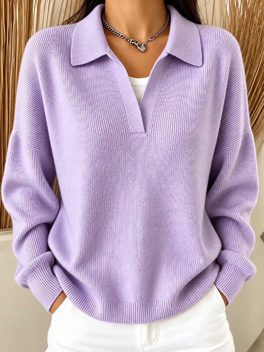 Women's Ribbed Knit Polo Collar Sweater Long Sleeve Casual Pullover